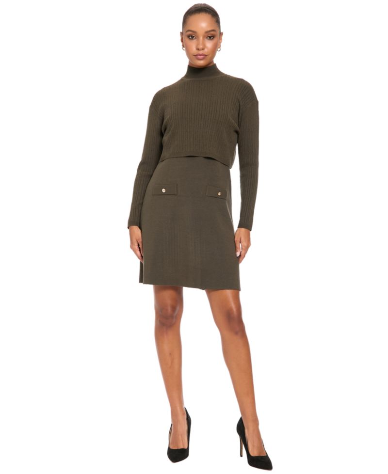 Women's Mock Neck Long-Sleeve Two-Piece Sweater Dress