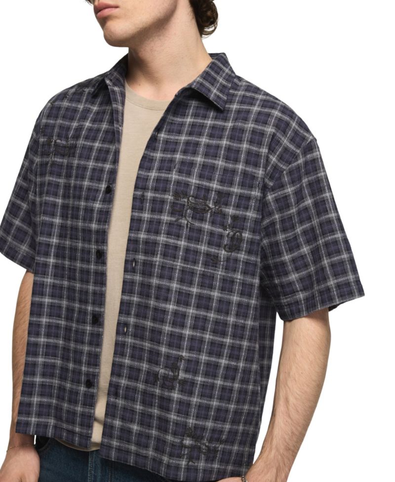 Men's Embroidered Plaid Spread Collar Shirt