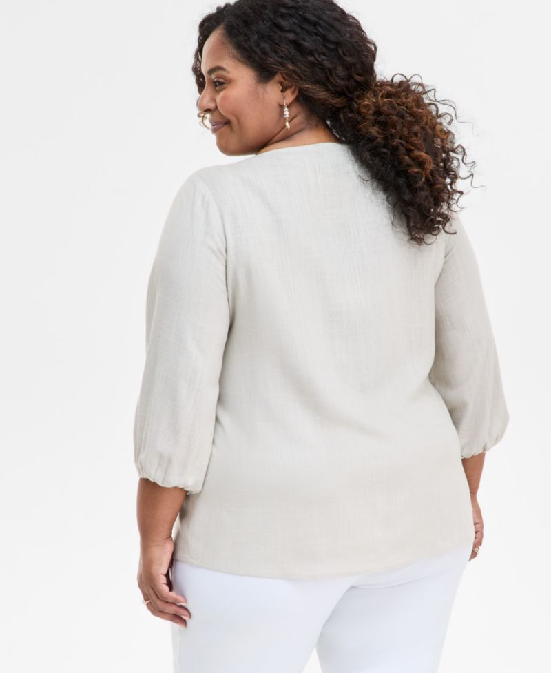 Plus Size Pleated Split-Neck Top