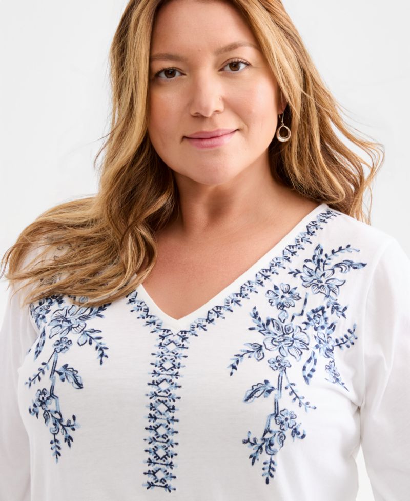 Plus Long-Sleeve Embroidered Knit Top
