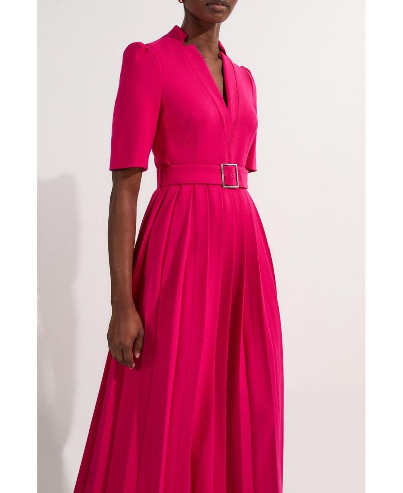 Women's Structured Crepe Belted Midi Dress