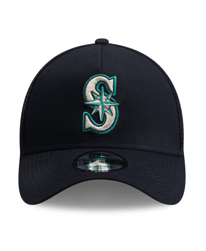 Men's Navy Seattle Mariners Side Script 9FORTY A-Frame Trucker Adjustable Hat