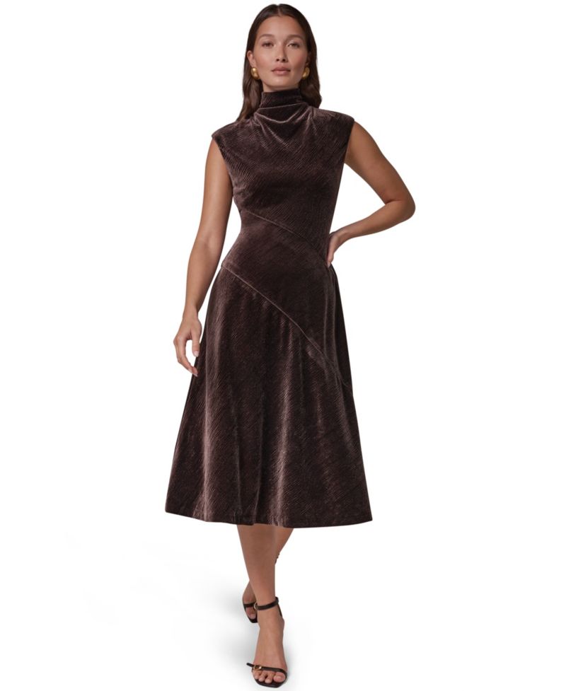 Women's Mock Neck Crinkled Velvet A-Line Dress