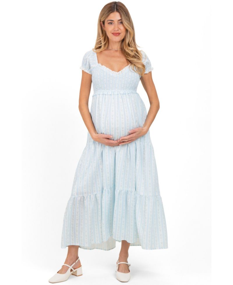 Women's Light Blue Floral Lace Trim Tiered Maxi Dress
