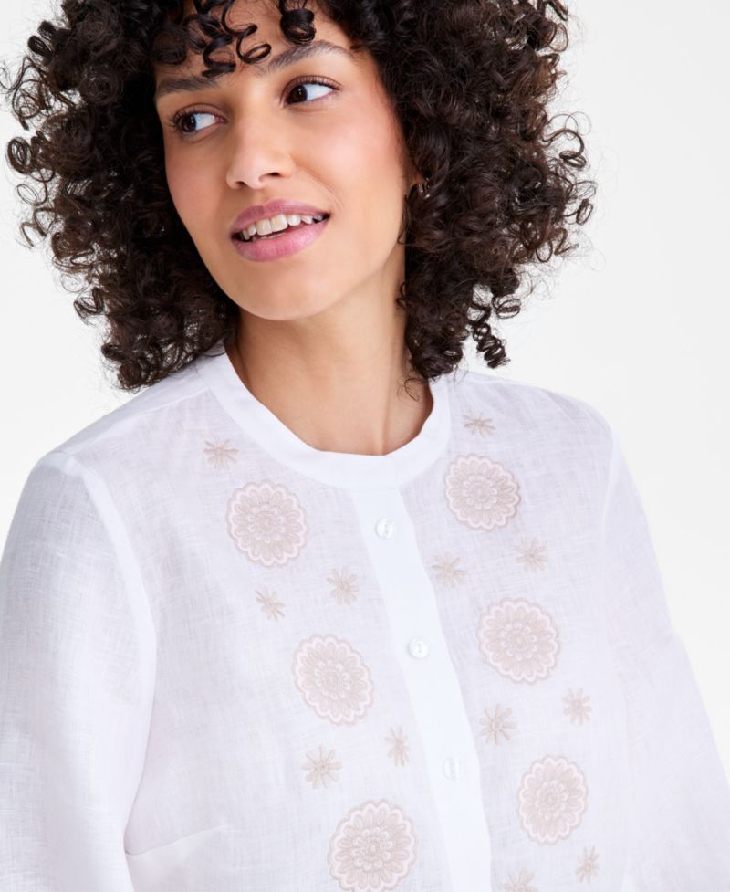 Women's 100% Linen Embroidered-Front Peplum Top