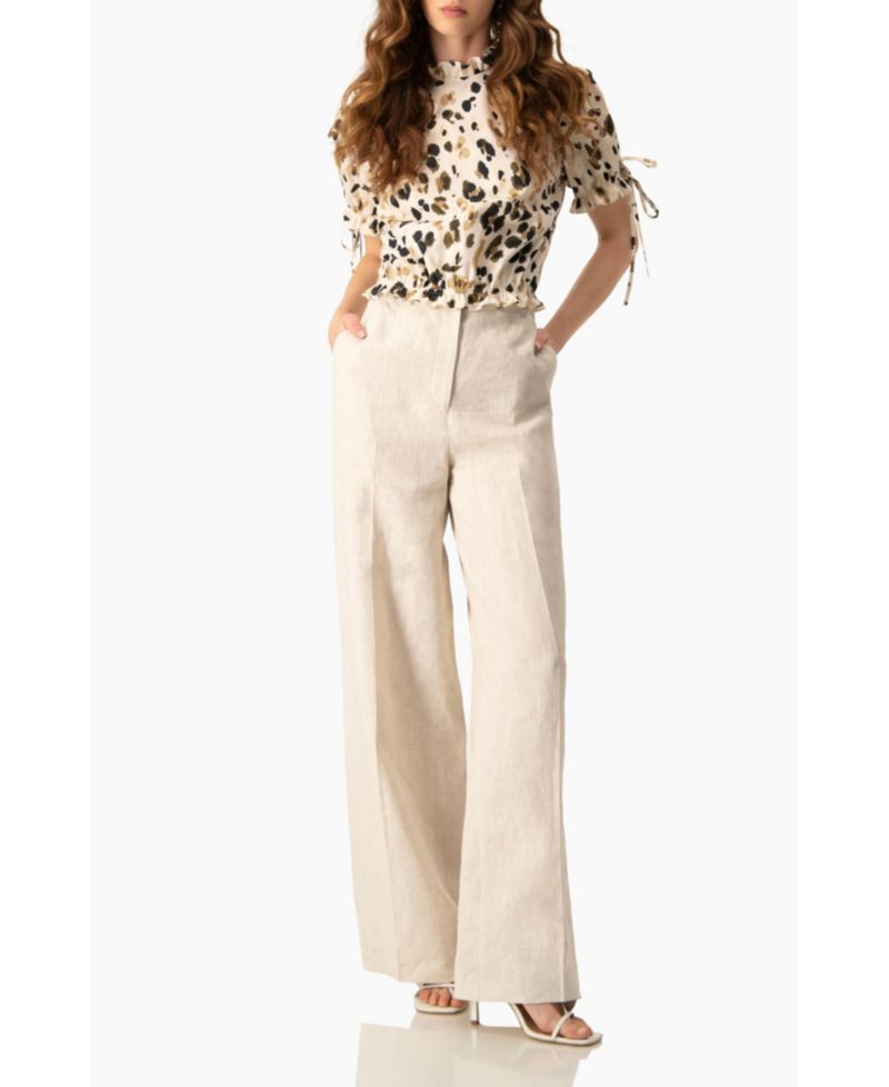Women's Abstract Animal Print Crop Blouse, Puff Sleeve Ruffle Neck Top