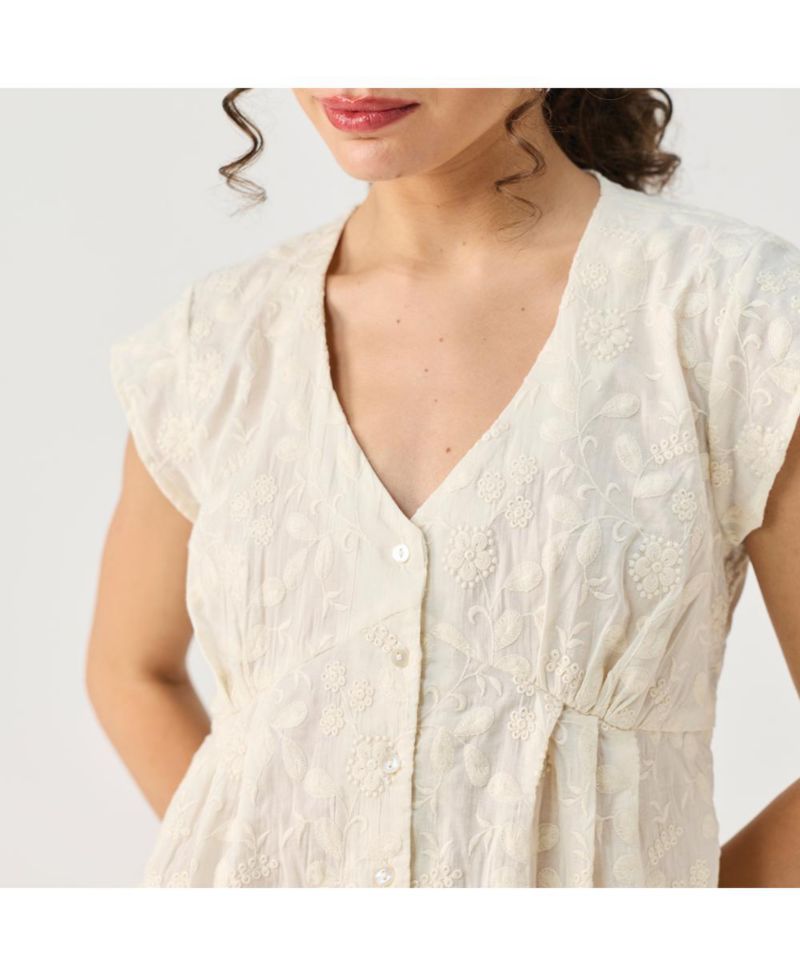 Women's Cream Embroidered Deep V-Neck Top