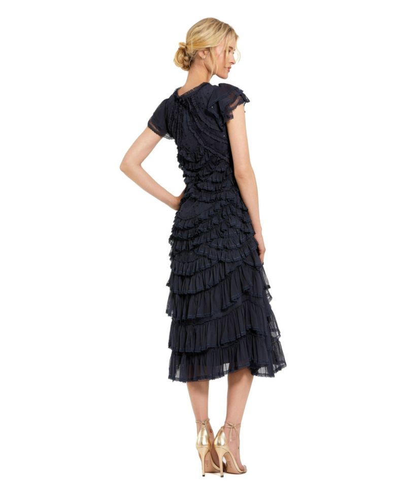 Women's High Neck Ruffle Mesh Midi Dress