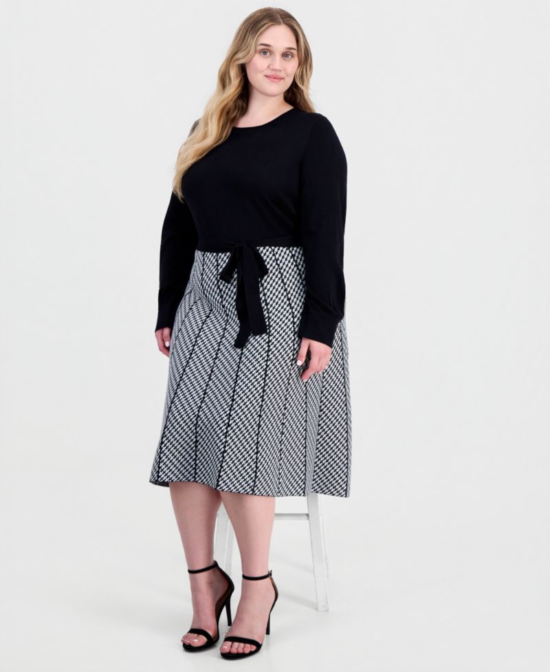 Plus Size Combo Skirt Long-Sleeve Knit Midi A-Line Dress
