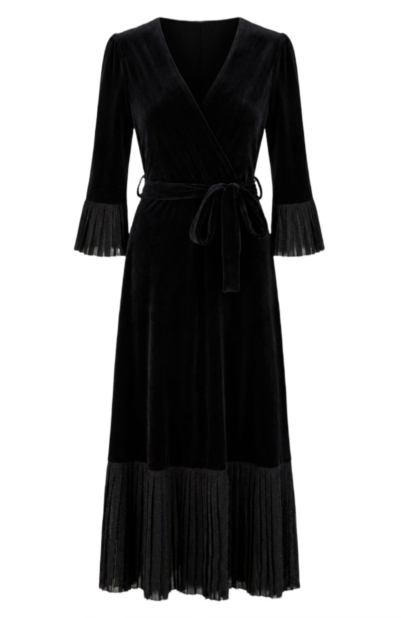 Women's Velvet Midi Pleat Detail Wrap Dress