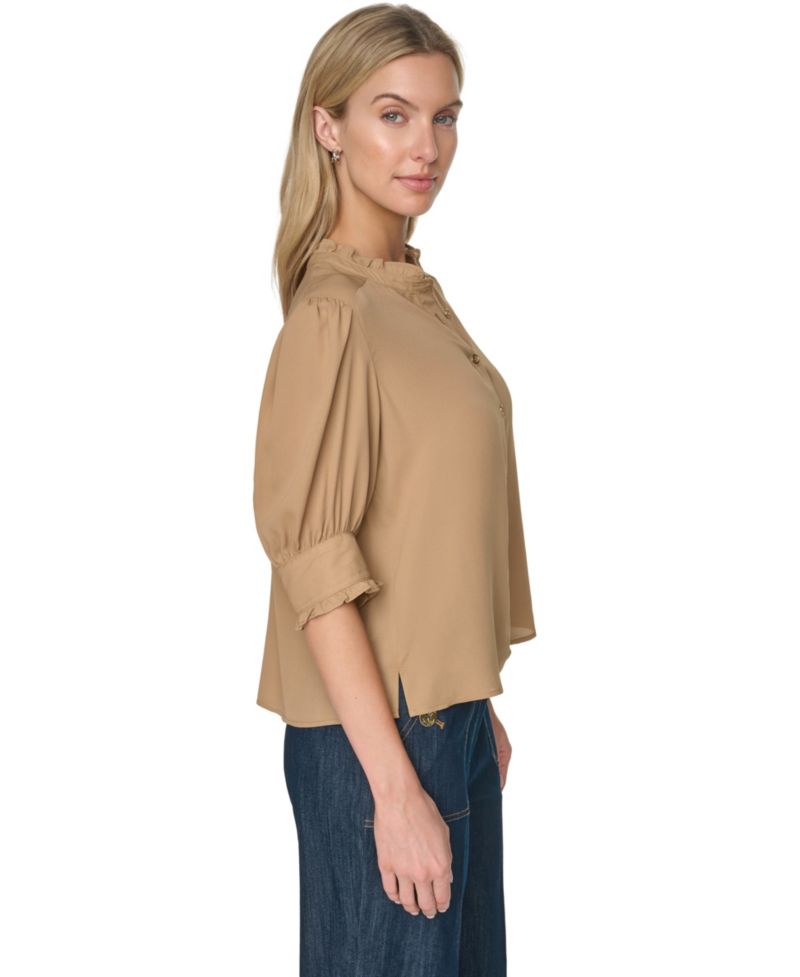 Women's Puff-Sleeve Ruffle Collared Shirt