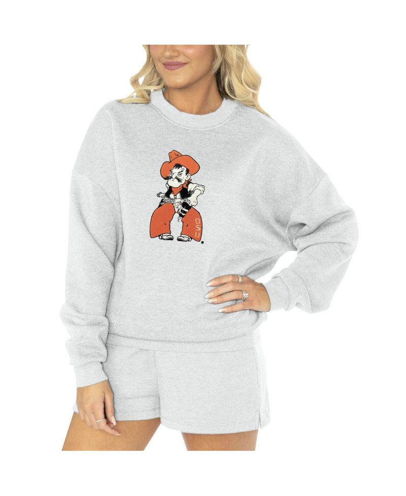 Women's Ash Oklahoma State Cowboys Team Effort Pullover Sweatshirt Shorts Sleep Set