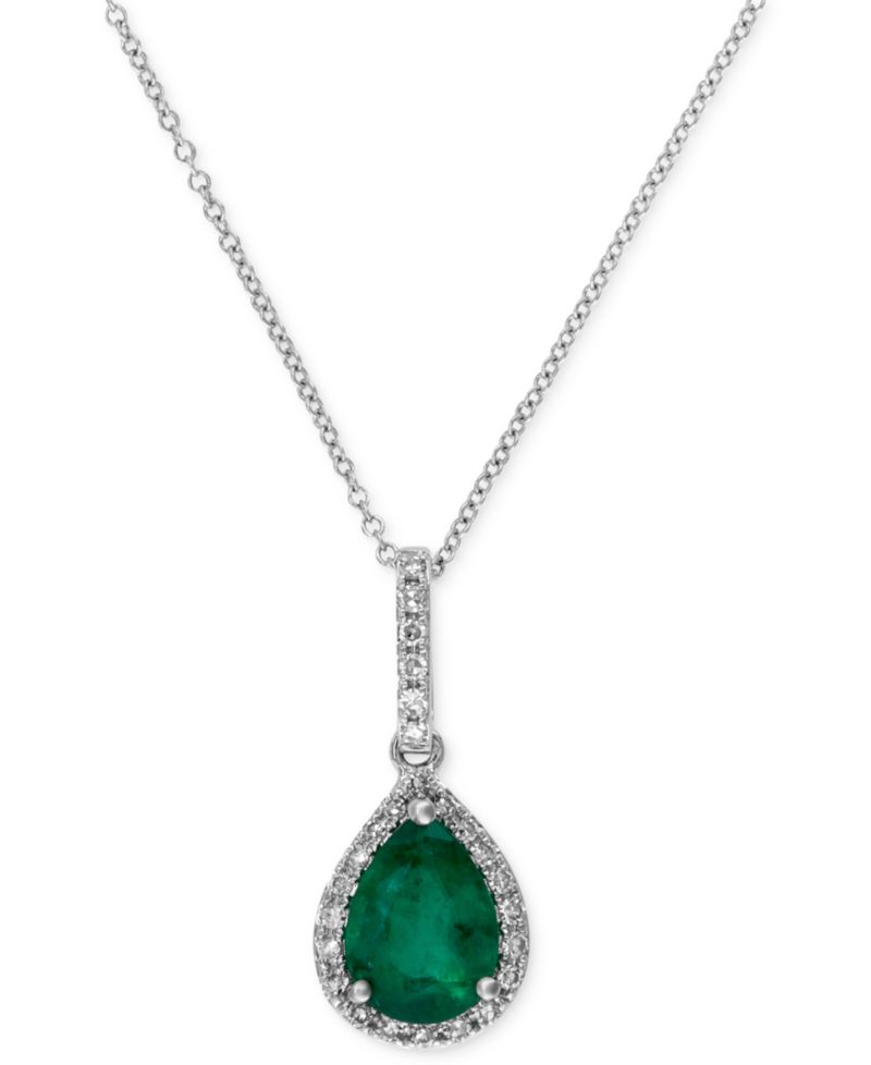 EFFY® Emerald (9/10 ct. t.w.) and Diamond (1/8 ct. t.w.) Drop Pendant in 14k White Gold