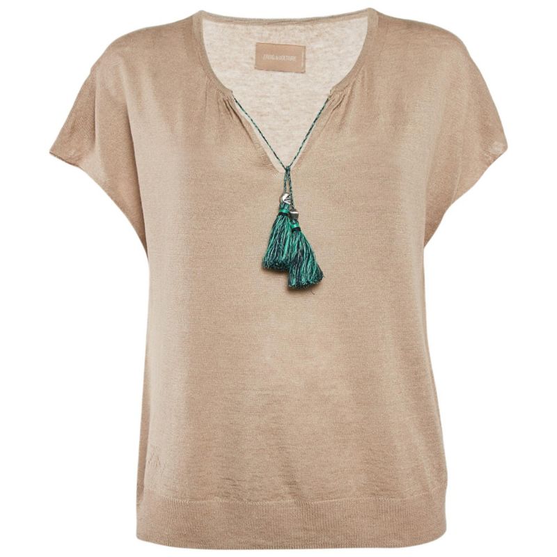 Women's Beige Linen Knit Tie-Up Detail Card Top