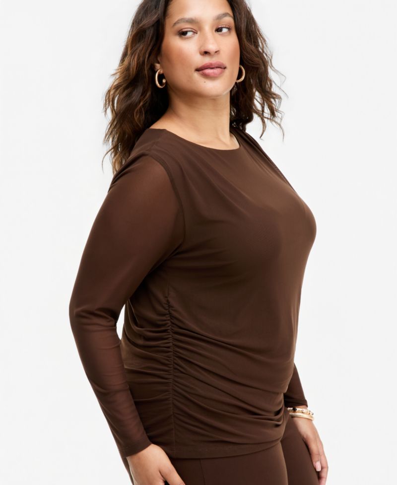 Plus Size Long Sleeve Sheer Mesh Ruched Top