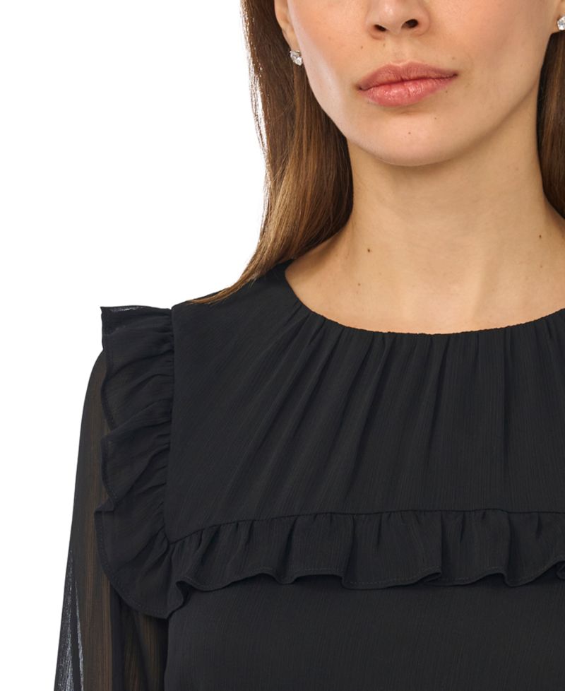 Women's Long-Sleeve Tie-Neck Blouse with Ruffle Yoke