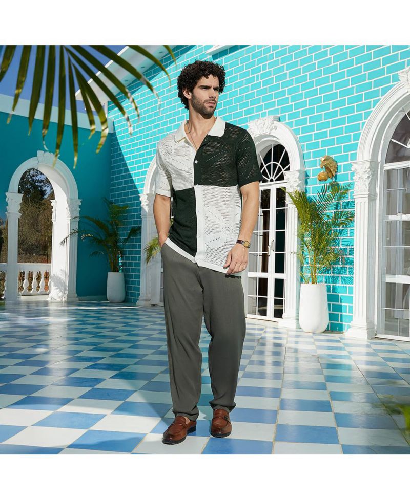Men's Emerald Green & Cream White Block Open-Knit Polo Shirt