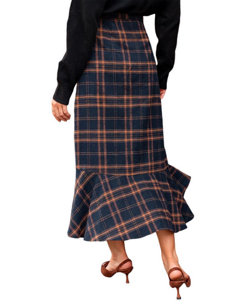 Women's Extra Credit Plaid High-Waisted Asymmetrical Midi Skirt