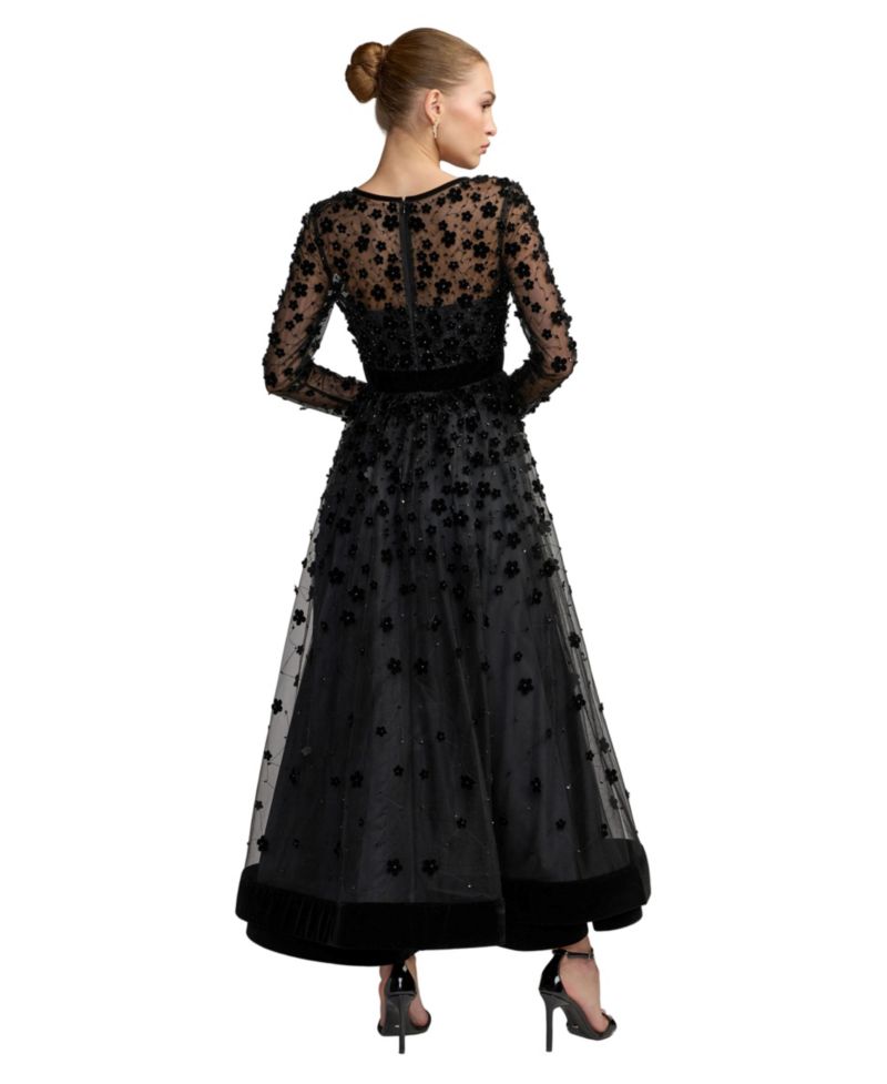 Petite Floral Applique Beaded Tulle Evening Gown