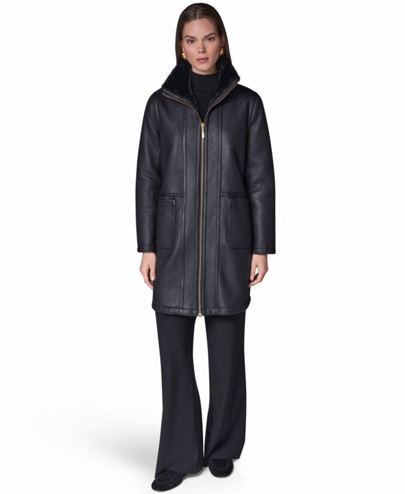 Women's Faux Shearling Long-Sleeve Spread Collar Coat