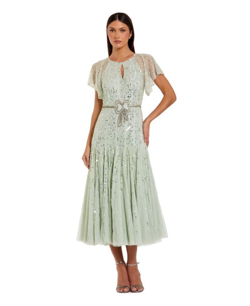Women's Enbellished Bow Flutter Sleeve A Line Midi Dress