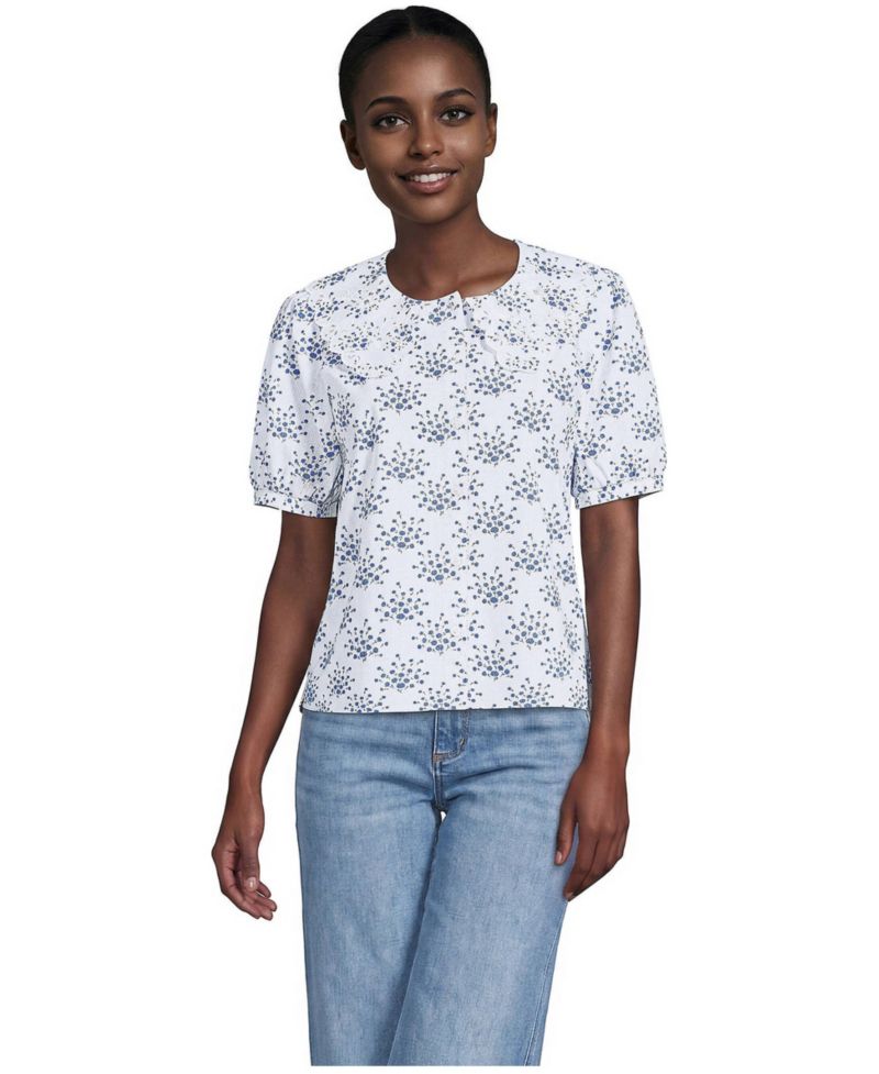 Women's Poplin Puff Sleeve Ruffle Collar Blouse