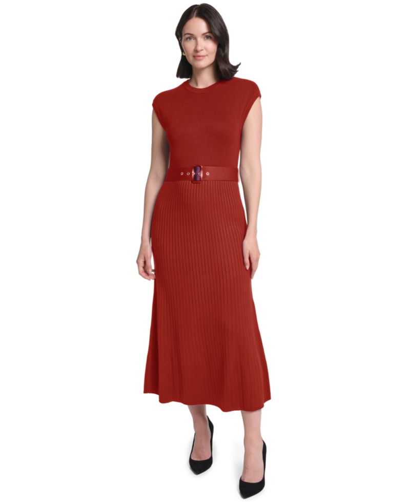 Petite Belted Midi Ribbed Dress