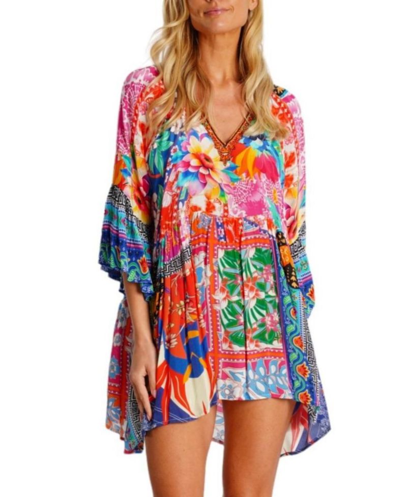Women's Multicolor Mini Dress with Side Asymmetrical Hem and Beaded Neckline