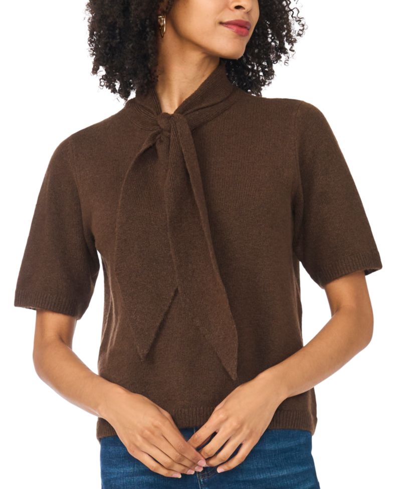 Women's Cozy Tie Neck Short-Sleeve Loose-Fit Sweater
