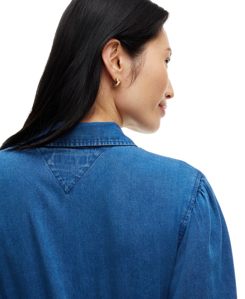 Women's Chambray Puff-Sleeve Polo Collar Dress