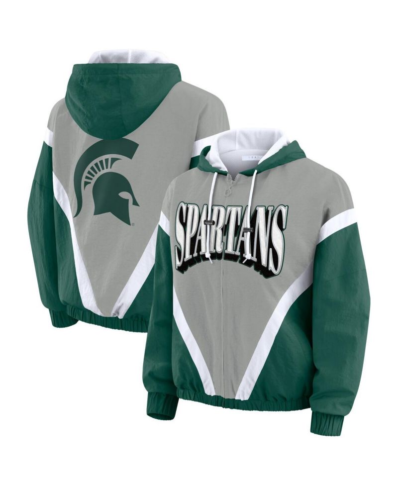 Women's Green/Gray Michigan State Spartans Color Block Full-Zip Hoodie Windbreaker Jacket