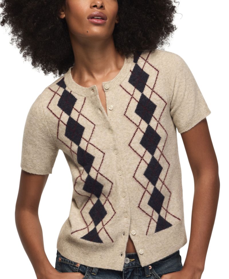 Women's Argyle Crew-Neck Short-Sleeve Cardigan