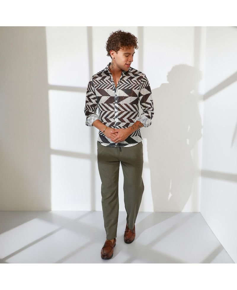 Men's Taupe Brown & Cream White Chevron-Knit Shirt