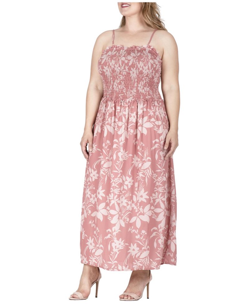 Plus Size Floral Print Smocked Bodice Maxi Slip Dress