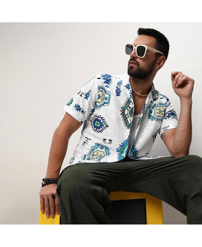 Men's Chalk White Mesh Aztec Shirt