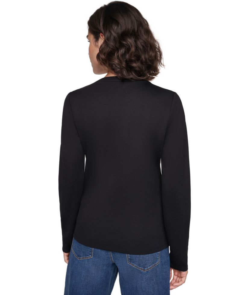 Petite Long-Sleeve Button-Up Crewneck Top