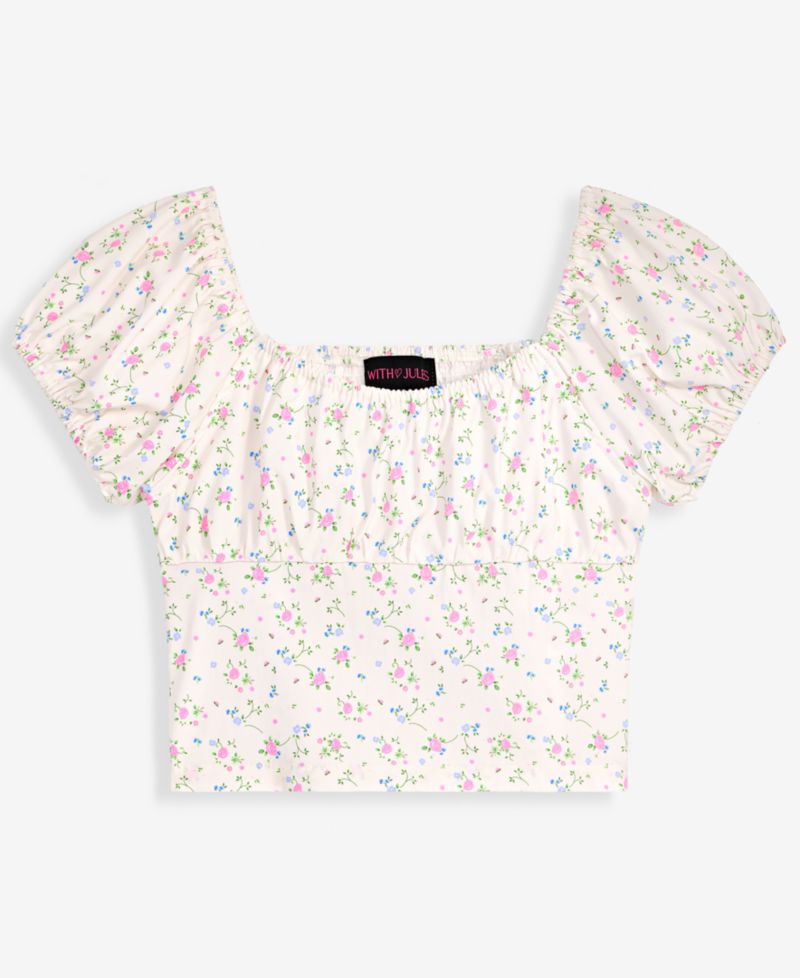 Girls' 7-16 Ruched Floral Print Short-Sleeve Milkmaid Top