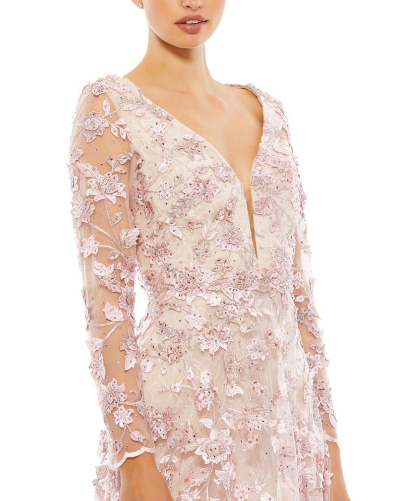 Women's Floral Applique Long Sleeve Illusion Gown