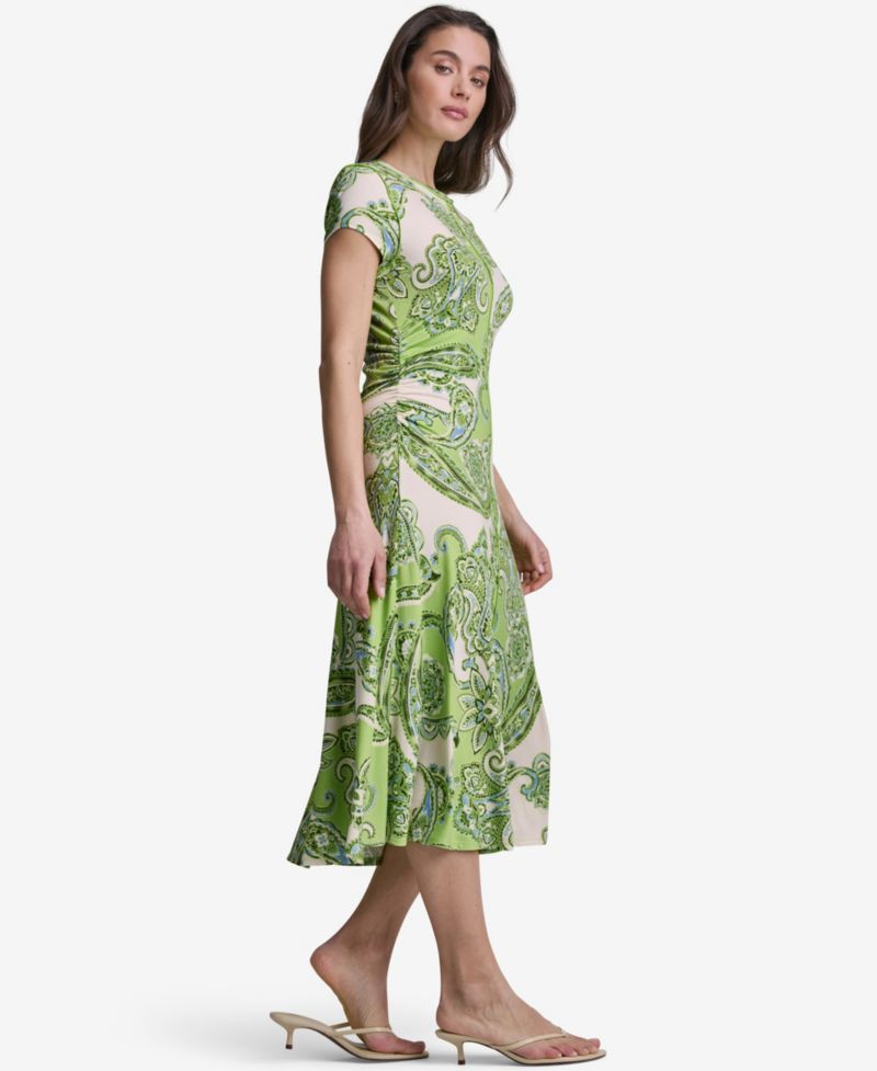 Women's Paisley-Print Cap-Sleeve Crewneck Midi Dress