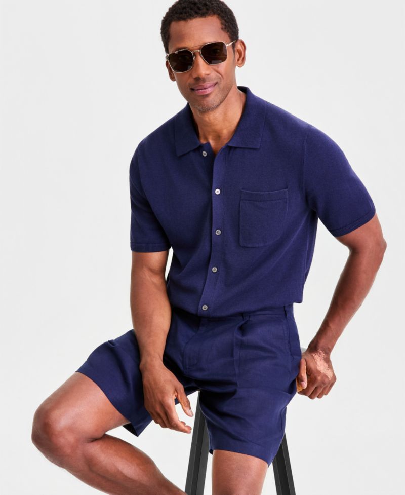 Men's Short-Sleeve Linen and Cotton Button Sweater Polo Shirt