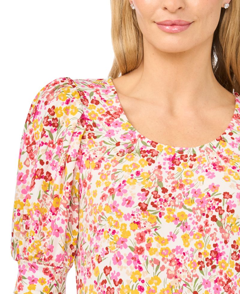 Women's Floral Crewneck 3/4-Sleeve Shirred Top
