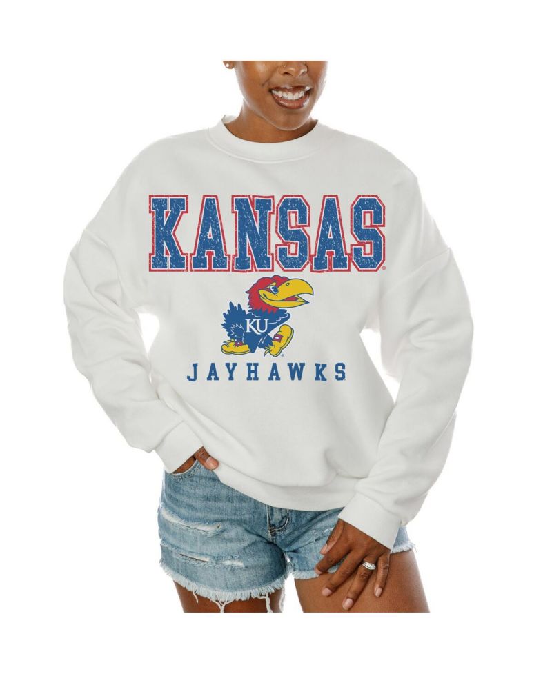 Women's White Kansas Jayhawks Freestyle Fleece Pullover Sweatshirt
