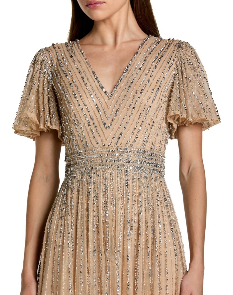 Women's Hand Embellished V-Neck Flutter Sleeve Gown