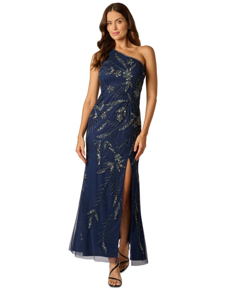 Women's One-Shoulder Floral Sequin Beaded Gown