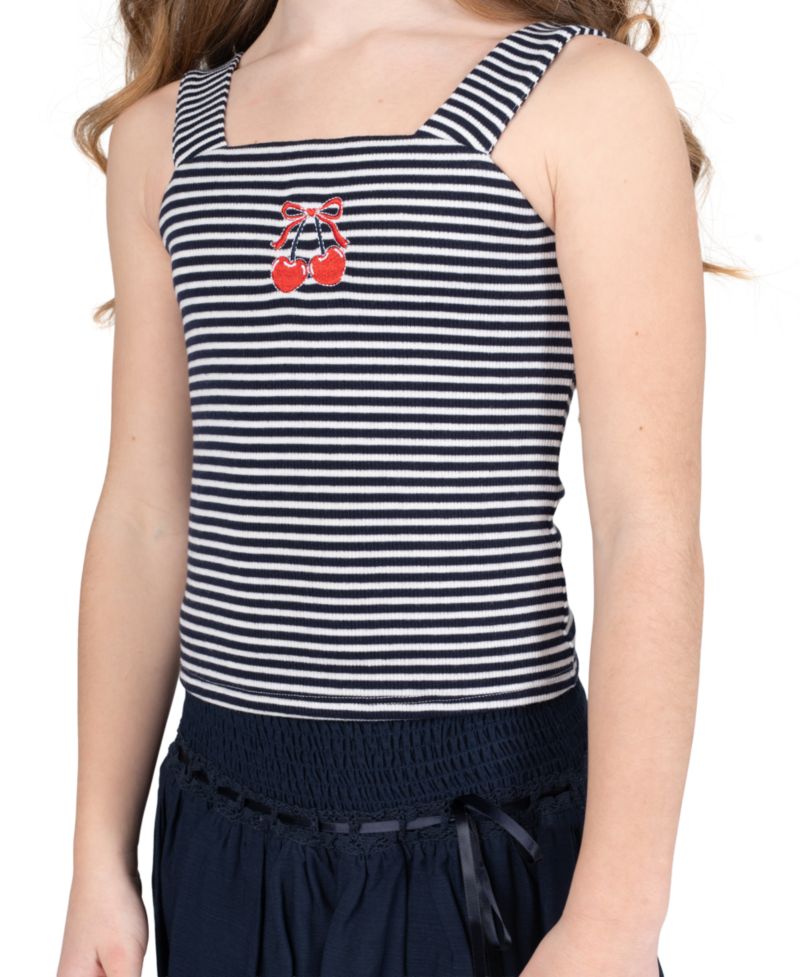 Girls' 7-16 Embroidered Graphic Striped Tank, Woven Skort and Ribbon, 3-Piece Set