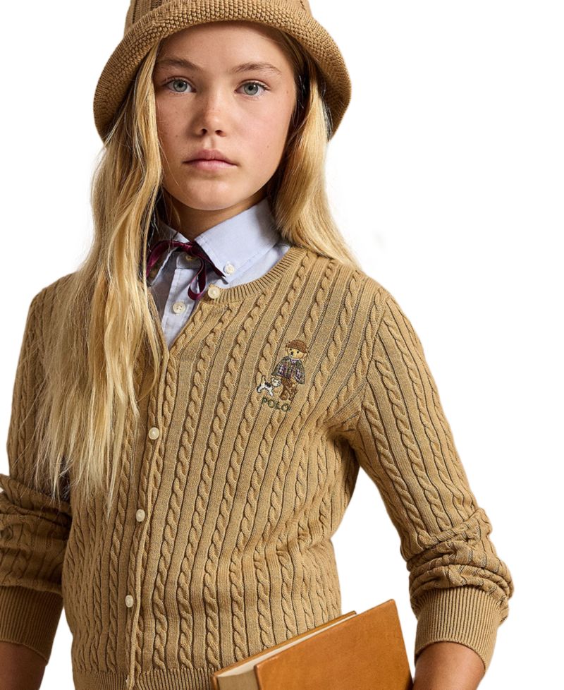 Girls' 7-16 Polo Bear Mini-Cable Cotton Cardigan