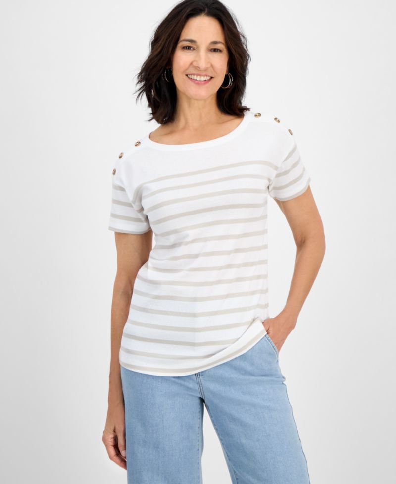 Petite Cotton Button-Shoulder Tee