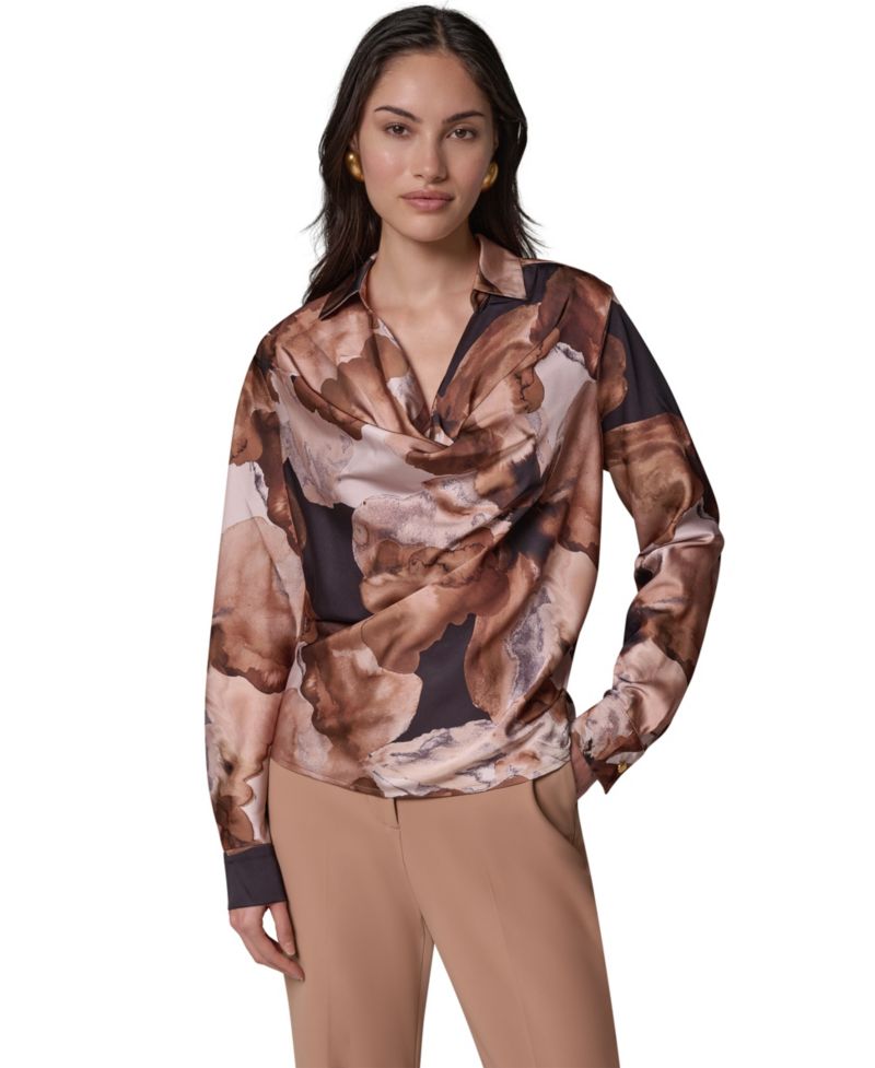 Women's Petite Print Long-Sleeve Cowl Neck Blouse