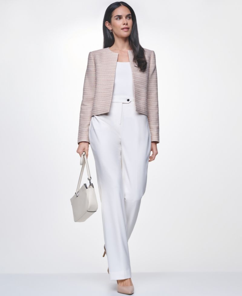 Women's Long-Sleeve Open Front Jacket, Square Neck Sleeveless Top, and Modern Fit Mid-Rise Pants