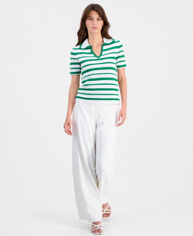 Women's Striped Split-Neck Collared Top